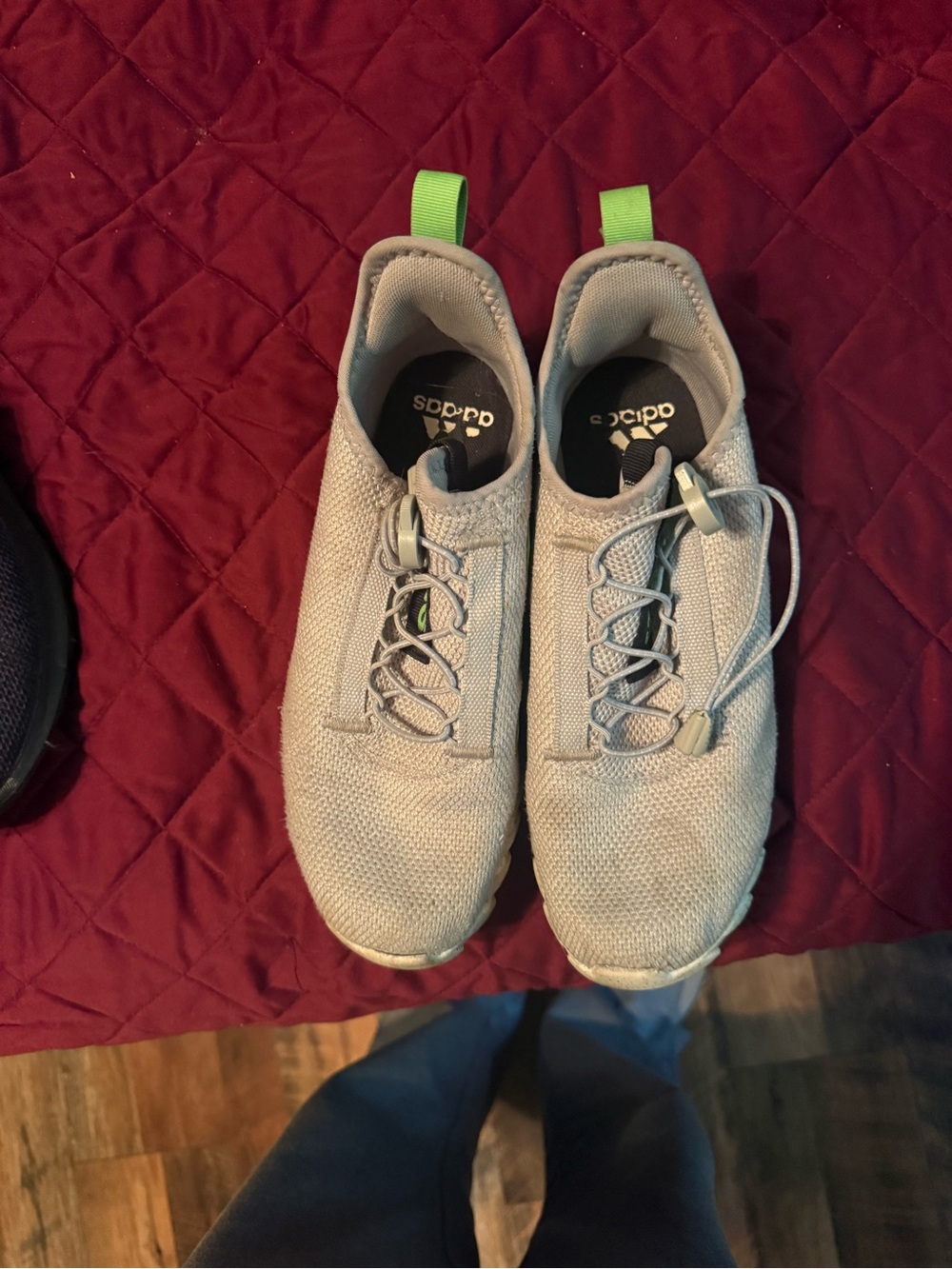 adidas Men’s Light Gray Knit Sneakers with Neon Green Heel Tabs